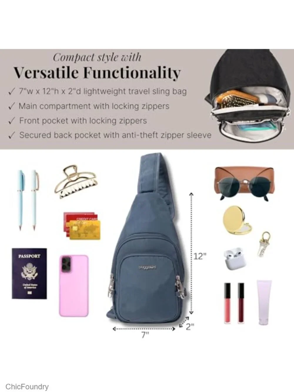 Anti-Theft Sling Bag with RFID Protection and Locking Zippers